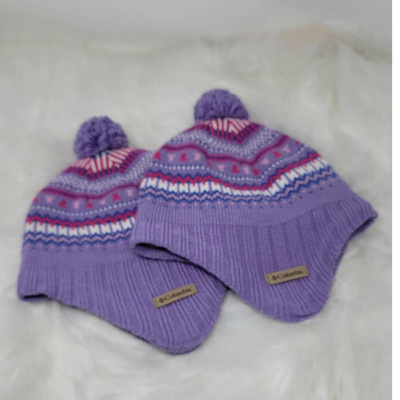 Columbia Lot of 2  Purple/Pink Pom-Pom Beanie One Size Youth - Picture 6 of 7